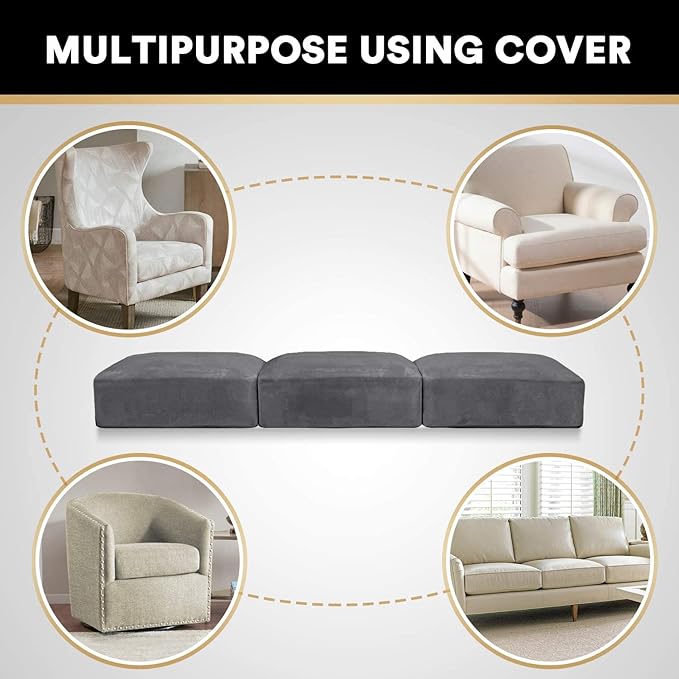 PrinceDeco Velvet Stretch Couch Cushion Cover Extra Large Cushion Slipcover for Chair Loveseat Sofa Cushion Furniture Protector Seat Cushion Sofa Cover (3 Piece XL Sofa Cushion Covers, Grey)-Ruum Studio Home