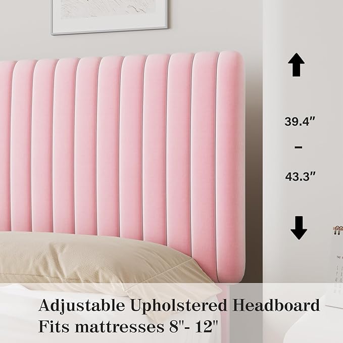 Full Size Bed Frame with Headboard, Velvet Upholstered Platform Bed with Vertical Channel Tufted Design, No Box Spring Required, Easy Assembly, Pink-Ruum Studio Home