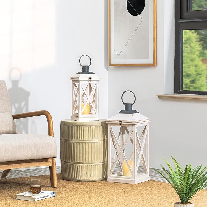 Glitzhome Mondern Farmhouse Wooden Lantern Hanging Decorative Candle Lantern for Outdoor & Indoor Wash White Set of 2 (No Glass)-Ruum Studio Home