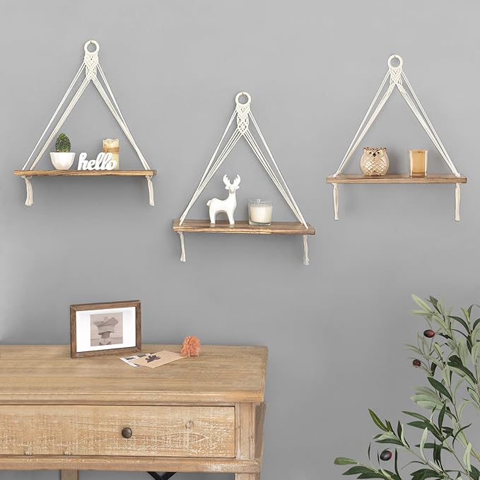Mkono Macrame Hanging Shelves Boho Wall Decor Set of 3 Rustic Wood Floating Storage Shelf for Bedroom Bathroom Living Room Nursery Dorm Room, Display Shelving for Hanging Plants Photos-Ruum Studio Home