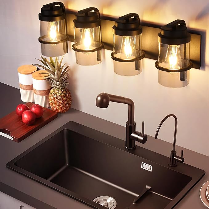 Bathroom Vanity Light Fixtures,4 Lights Matte Black Vanity Lights, Industrial Black Wall Sconces 4 Lights,Farmhouse Bathroom Lights(Bulbs not Included)-Ruum Studio Home