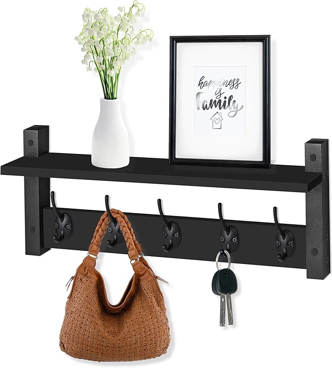 Sorbus Coat Hooks Wall Mount with Shelf – 24 Inch Coat Rack Wall Mount with 5 Heavy Duty Hooks – Floating Wall Shelf with Hooks for Entryway, Bathroom, Bedroom, Kitchen, or Mudroom (Black)-Ruum Studio Home