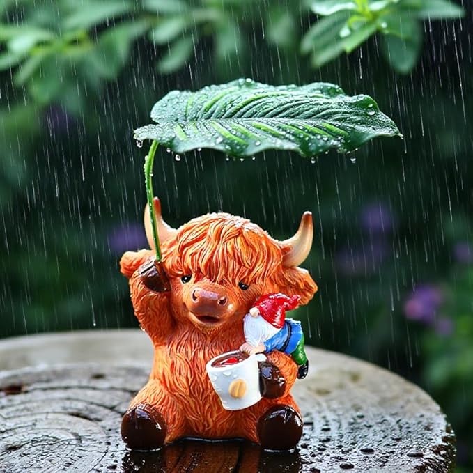 Garden Gnome with Highland Cattle 6.5“ Figurine Ornament for Indoor Outdoor Home Patio Yard Lawn, Red Hat, Blue Outfit, Indoor Outdoor Decorative Statue-Ruum Studio Home