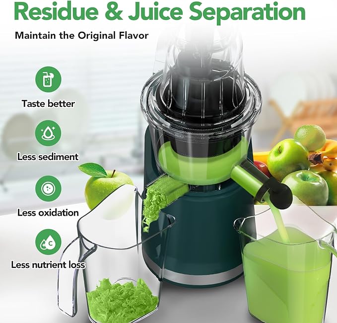 Cold Press Juicer,Aeitto Slow Masticating Juicer with Wide & Dual Feed Chute for Vegetables and Fruits, High Juice Yield, Self Feeding for Juice Extractor, BPA-Free, Dark Green-Ruum Studio Home