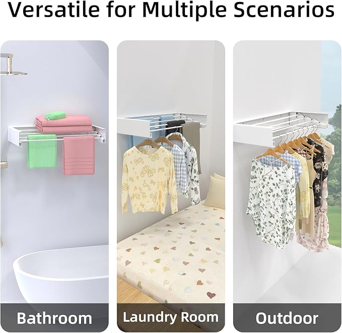 Wall Mounted Drying Rack for Laundry 23.6'', Folding Drying Rack Clothing Wall Mount with 4 Rods, Space Saving for Indoor Outdoor Bathroom Balcony (White, 23.6'')-Ruum Studio Home