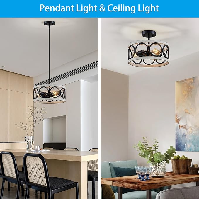 XINGQI White Chandelier 3-Light Modern Ceiling Light Rustic Wood Grain Adjustable Height Pendant Lighting Fixture 13" Round Metal Lamp for Dining Room Kitchen Bedroom Foyer Hallway-Ruum Studio Home