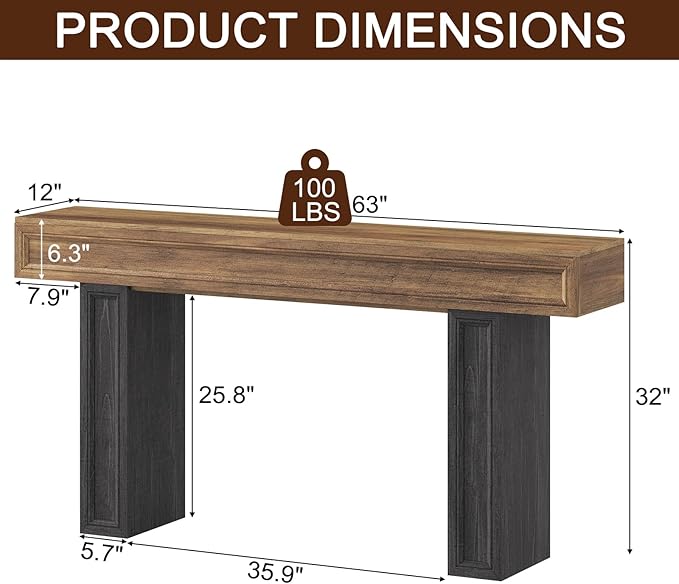 Rresyet 63 Inch Long Console Table, Sofa Table Behind Sofa, Wooden Entryway Table, Farmhouse Entryway Table for Entry, Hallway, Living Room (Wood)-Ruum Studio Home