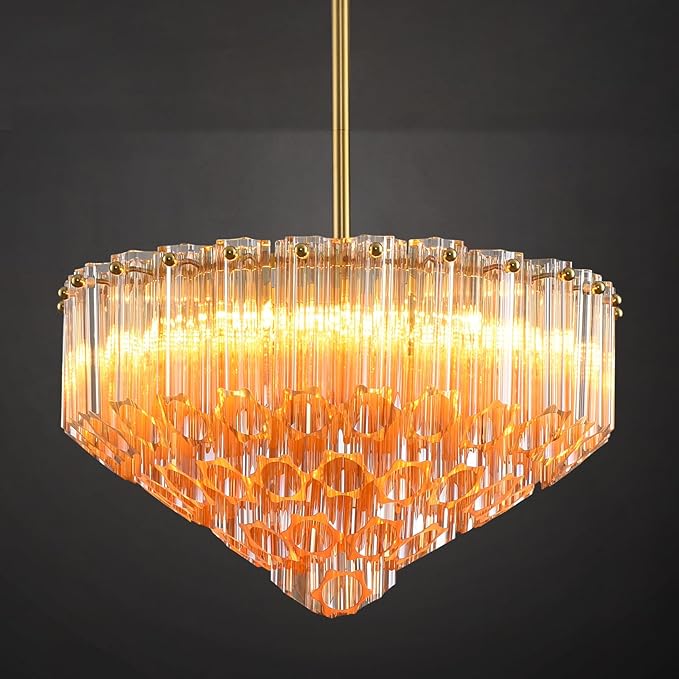 Modern Amber Glass Chandelier, 14" Round Crystal Dining Room Pendant Light Chandelier, Luxury Brass Hanging Fixture for Bedroom, Gold Kitchen Island Light, Dimmable Small Ceiling Lighting Chandeliers-Ruum Studio Home