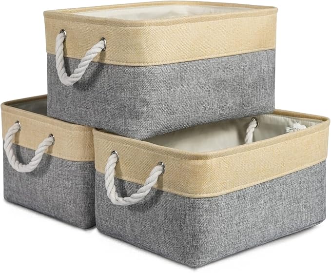 TheWarmHome Storage Bins for Organizing,Sturdy Storage Basket, Decorative Foldable Storage Baskets for Shelves Closet Toy (Gold&Grey Medium - 3 Pack 13.8L×9.8W×6.7H inch)-Ruum Studio Home