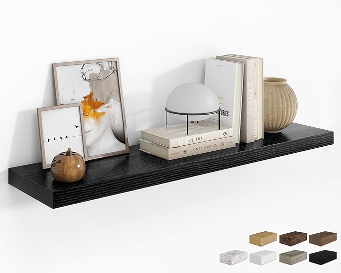 RICHFOCUS 48Inch Floating Shelves for Wall 1 Pack Shelves for Bedroom|Kitchen|Bathroom Wall Mounted Rustic Wood Floating Shelf with Invisible Brackets for Books|Storage|Decor, Black-Ruum Studio Home