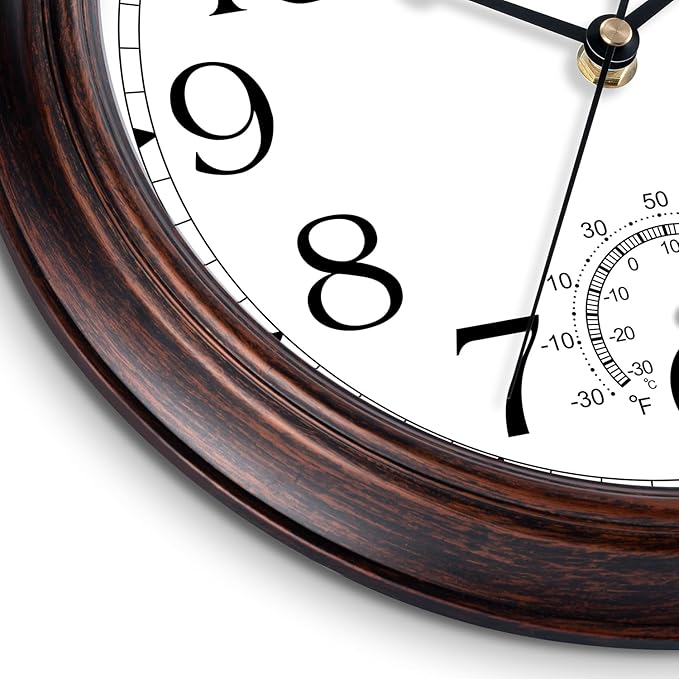 10 Inch Outdoor Wall Clock with Thermometers, Vintage Silent Wall Clocks Battery Operated, Retro Non-Ticking Clock Decorative for Living Room, Patio, Kitchen, Office, Bathroom, Bedroom(Bronze)-Ruum Studio Home