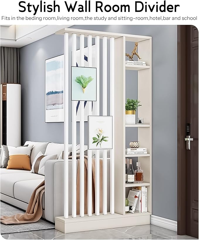 Wall Room Divider, Storage Cabinet Storage Display with Shelves, Modern Freestanding Wood Room Divider Screen, Wall Privacy Screens for Home Decorative (Beige+White,39.5" L x 9.5" W x 79.5" H)-Ruum Studio Home