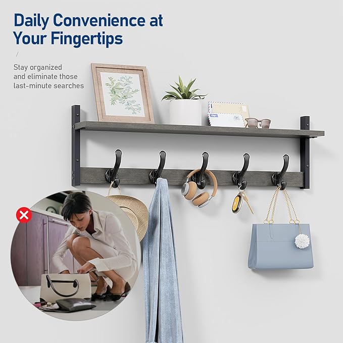 Tatub 29" Rustic Coat Rack Wall Mount with Shelf, Entryway Wall Hooks with Shelf, Coat Hangers for Bathroom, Living Room, Bedroom, Dark Grey-Ruum Studio Home