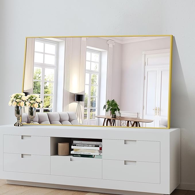 Gold Bathroom Mirror for Wall, 60x36 Inch Rectangle Mirrors with Metal Frame, Modern Vanity Wall Mirror Decor for Bathroom Living Room, Entryway Hangs Horizontal or Vertical-Ruum Studio Home