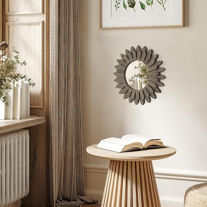 Honiway Farmhouse Wall Decor Mirror 12 inch Sunburst Boho Wood Mirror Rustic Home Decor Room Decoration for Bedroom Living Room Weathered Grey-Ruum Studio Home