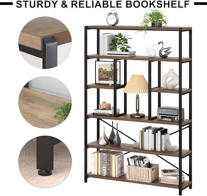 LVB Tall Industrial Etagere Bookcase, Modern Wood Large Open 6 Tier Bookshelf, Vintage Wide Metal Book Shelf Organizer, Farmhouse Book Shelves for Bedroom Living Room Home Office Storage, Rustic Oak-Ruum Studio Home
