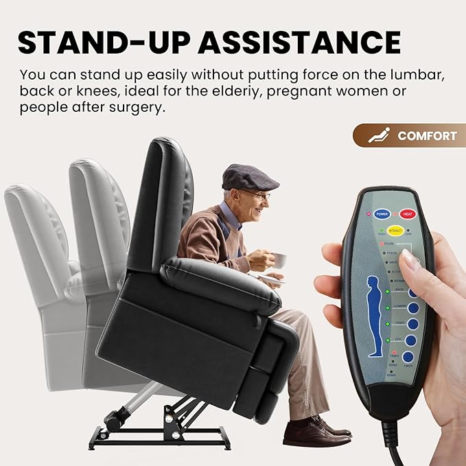 Large Dual Motor Power Lift Recliner Chair with Massage and Heat for Elderly People, Infinite Position,USB Ports and Remote Control,Breathable Leather (Black)-Ruum Studio Home