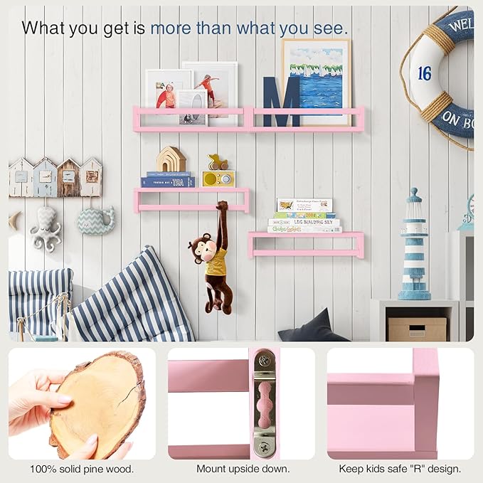 Forbena Pink Floating Shelves for Wall, Aesthetic Wall Bookshelf for Girls Room Decor, Wood Nursery Bookshelves for Toddler Kids Bedroom Book and Toy Storage Organizer (Set of 4, Pink)-Ruum Studio Home
