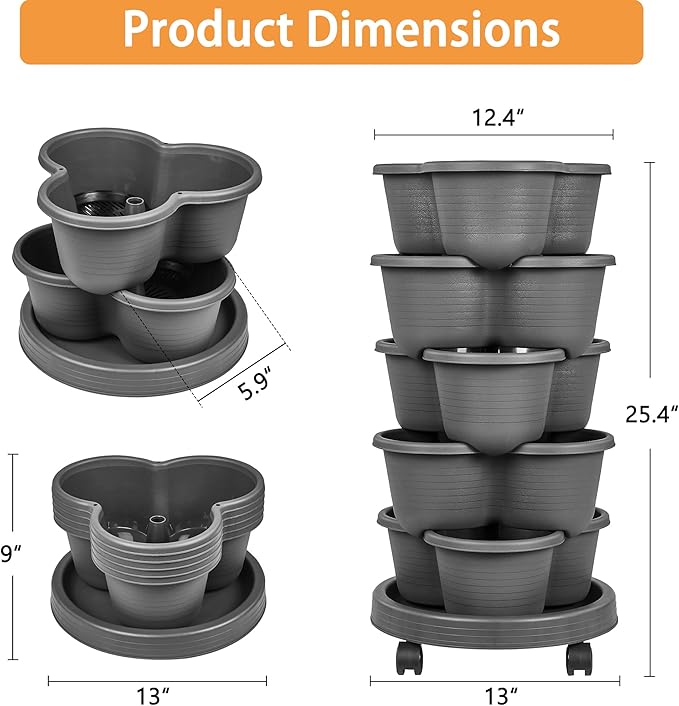 VECELO 5 Tier Vertical Garden Planter, Self Watering Stackable Planters with Wheels for Strawberries, Herbs, Flowers, Vegetables, Dark Gray-Ruum Studio Home