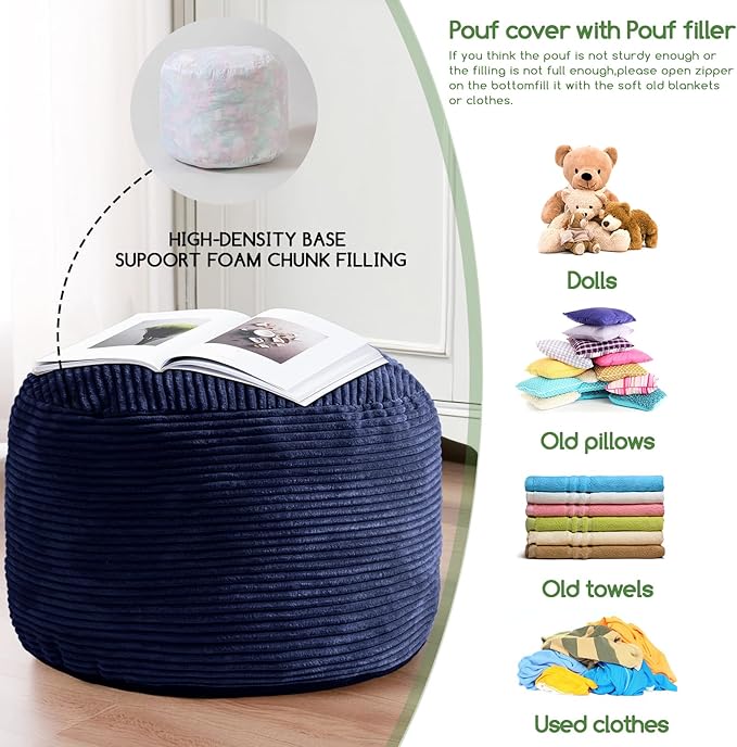 HIGOGOGO Round Stuffed Pouf Ottoman, Corduroy Poufs with Foam Chunk Filling, Furry and Fluffy Pouf Foot Stool Storage Ottoman, 26 X 18 Floor Poufs Foot Rest for Living Room, Navy-Ruum Studio Home