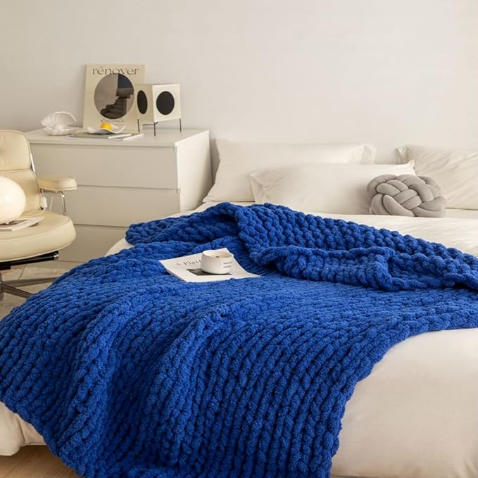 Chunky Knit Blanket Throw 40"x40", Chenille Throw Blankets, Handmade Warm & Cozy Blanket Couch Bed Home Decor, Soft Breathable Fleece Banket, Christmas for Couch Bed Sofa Best Gift (Navy Blue)-Ruum Studio Home
