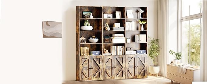 Tall Brown Wooden Bookshelf with Cabinet and Doors – 70.86" Bookcase with Doors, 6 Shelf Freestanding Tall Book Shelf for Living Room Storage, Bedroom, Home Office Organization – Brown Bookcase Wood-Ruum Studio Home