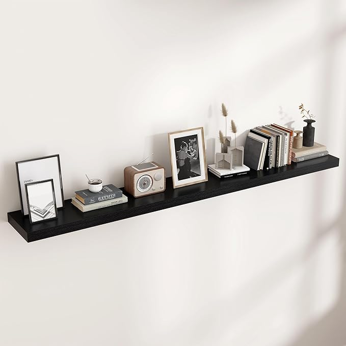 Floating Shelves for Wall, Large Wall Mounted Shelves with Invisible Brackets, Long Wood Floating Shelf for Living Room, Bedroom, Kitchen, (Black, 72" W x 9" D x 1.5" H)-Ruum Studio Home