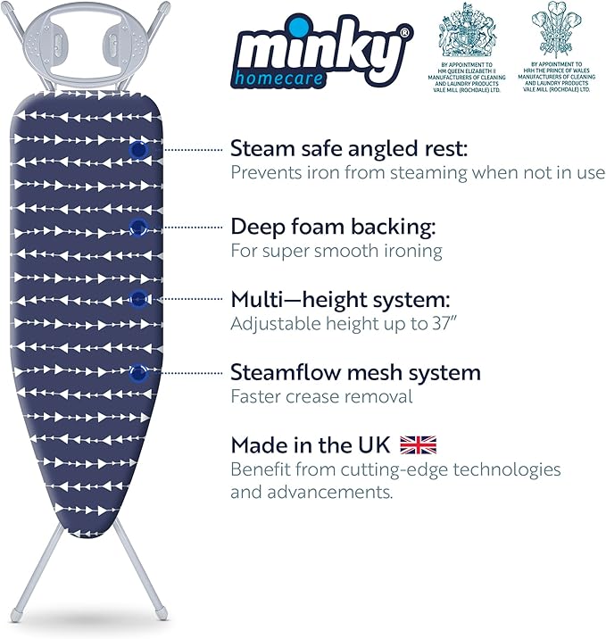 Classic 4-Leg Ironing Board with Iron Rest - Freestanding Full Size Iron Board for Clothes Pressing and Steaming with 43" x 14" Surface - Blue Arrows-Ruum Studio Home