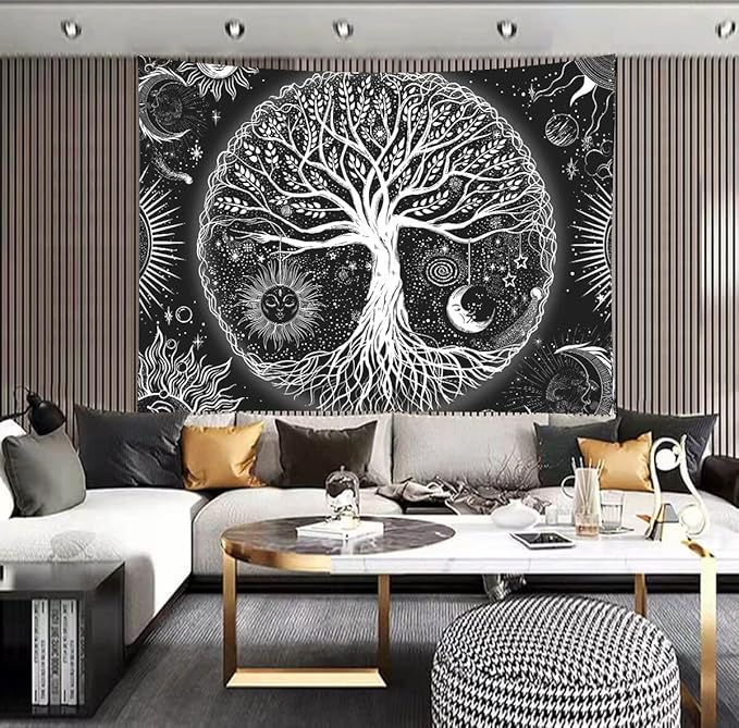 FORATER Tree of Life Tapestry Wall Hanging, Sun and Moon Aesthetic Wall Tapestry Black and White Tapestries Home Decor for Living Room Bedroom(53 x 61 Inch, Black and White)-Ruum Studio Home