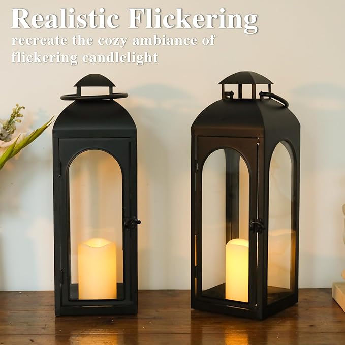Bdor 2 Pack 20 Inches Metal and Tempered Glass Decorative Lantern with Electronic Wax Effect - Indoor/Outdoor Decorative Lighting, Handcrafted Aesthetic, Perfect for Home, Parties, and Holiday Decor-Ruum Studio Home