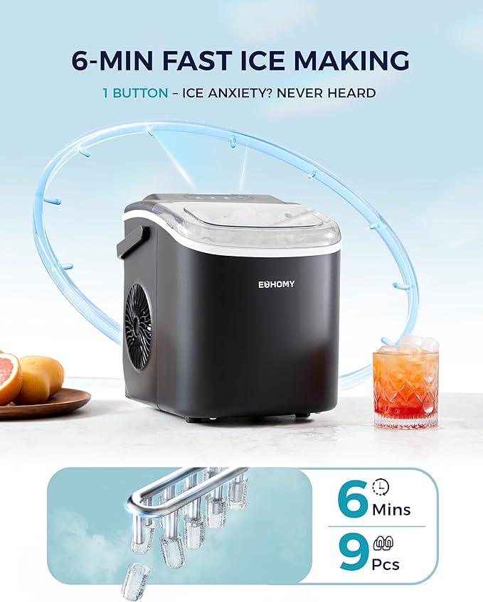 EUHOMY Countertop Ice Maker Machine with Handle, 26lbs in 24Hrs, 9 Ice Cubes Ready in 6 Mins, Auto-Cleaning Portable Ice Maker with Basket and Scoop, for Home/Kitchen/Camping/RV. (Black)-Ruum Studio Home