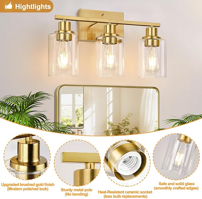 3-Light Vanity Lights with Clear Glass Shades, Brushed Gold Bathroom Light Fixtures Over Mirror, Modern Bathroom Wall Lamp for Mirror Living Room Cabinet Bedroom Porch-Ruum Studio Home