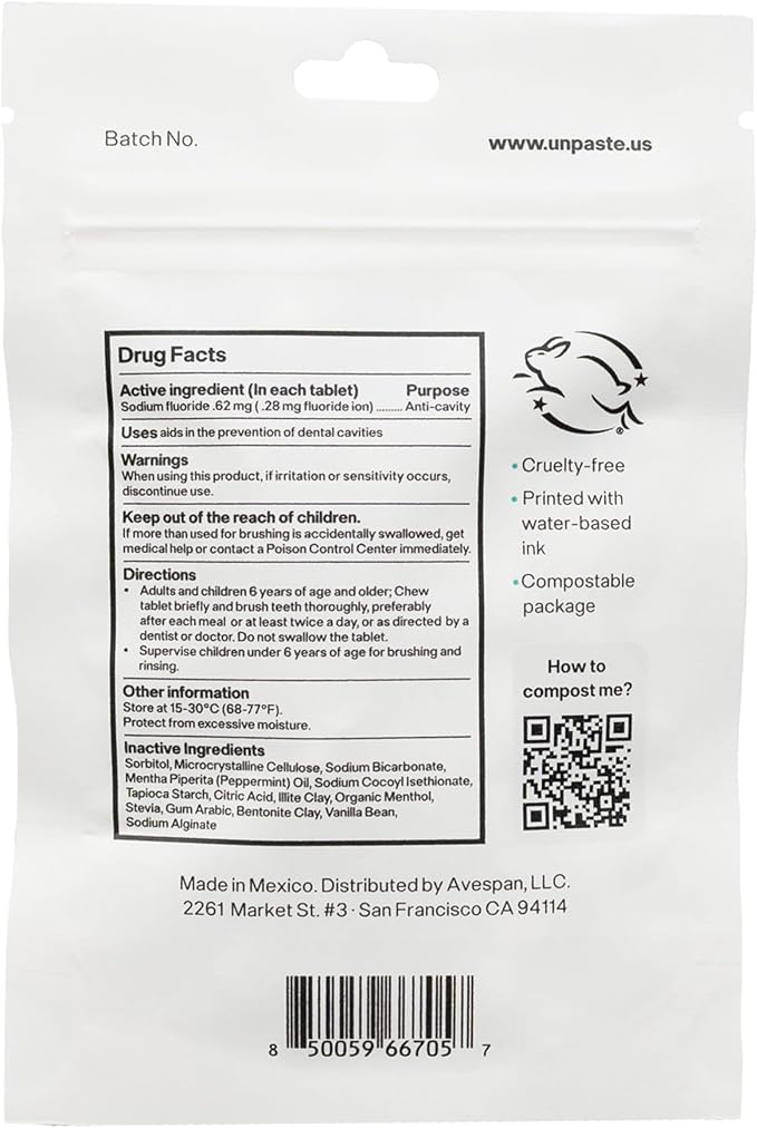 New Formula, Unpaste Toothpaste Tablets, Fluoride Mint, Xylitol Free, Vegan, Plastic Free, Travel-Friendly, Resealable Packet, 250ct, 4 Month Supply-Ruum Studio Home
