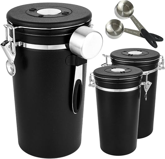 malmo Coffee Canister Set of 3, Airtight Coffee Container with Date Tracker Lid, Stainless Steel Canister for Kitchen Food Storage (Black, 180oz)-Ruum Studio Home
