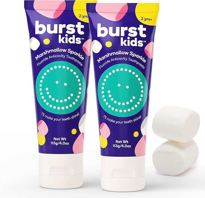 BURST Marshmallow Sparkle Kids Toothpaste with Fluoride (4oz/2 Pack) | Great Tasting | Flavored for Children & Toddlers | Anticavity | Dye Free & Vegan | Safe for Kids Ages 2+-Ruum Studio Home