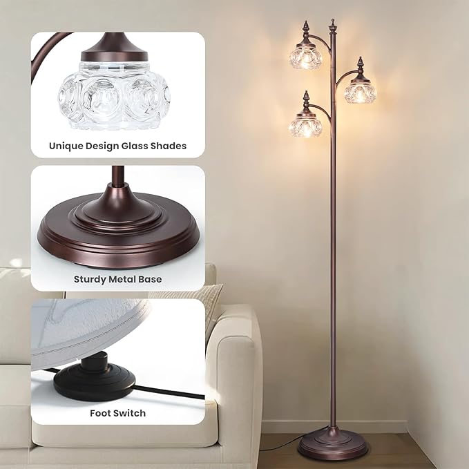 Brown Tree Floor Lamps for Living Room 66.5'' Standing Lamp with 3 Rotatable Lights Glass Shade Modern Lamp for Living Room Bedroom Office(3LED Bulbs Included)-Ruum Studio Home