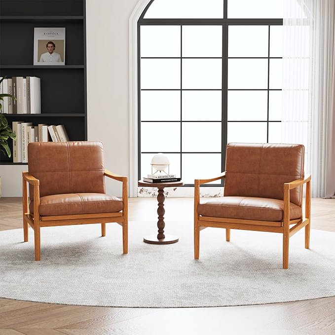 Mid Century Modern Accent Chair Set of 2, Leather Accent Chair, Relaxing Armchair with Solid Wood Frame & Soft Cushion, Reading Leisure Chairs for Living Room-Ruum Studio Home