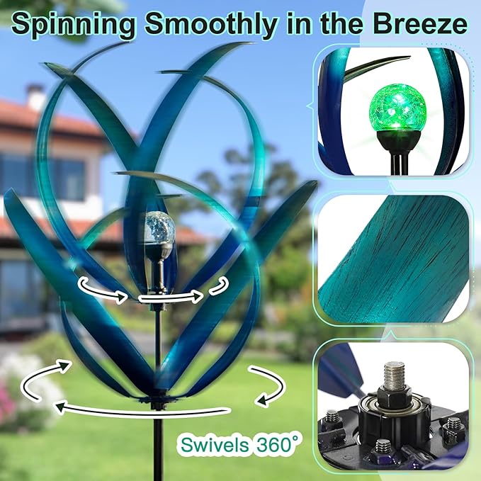 Outdoor Wind Spinners with Solar Light, 82'' Metal Large Spinner Yard Art, Peacock Blue Wind Sculptures for Garden Lawn Patio, Gifts for Family-Ruum Studio Home