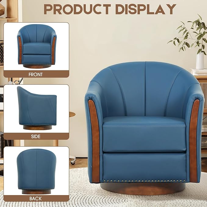 360° Swivel Accent Chair, Modern Leather Barrel Club Chair with Leather Upholstery and Sturdy Wood Base, Comfortable Armchair for Living Room, Bedroom, Reading Nook, Blue-Ruum Studio Home