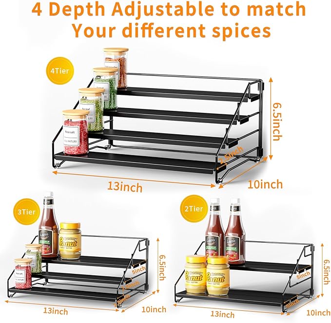 RCHYFEED Spice Rack Organizer for Cabinet Pantry,4 Tier Spice Rack Countertop,Tierd Spice Organization Easy Visibility, Depth Adjustable Seasoning Organizer for Cabinet (Black, 2Pack)-Ruum Studio Home