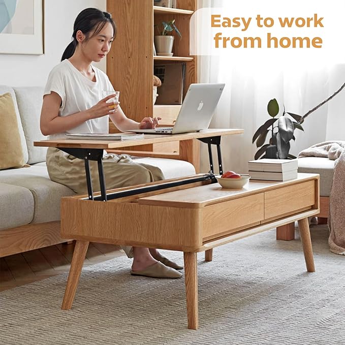 100% Solid Wood Lift Top Coffee Table for Living Room, Mid Century Modern Tables with Drawers and Large Storage, Oak Coffee Tables for Small Spaces (Oak Wood Log, 47.24" W x 23.62" D x 25.59" H)-Ruum Studio Home