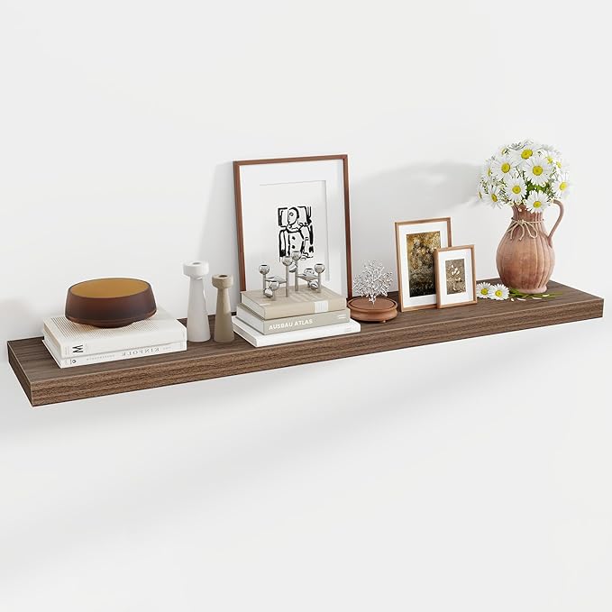 55 Inch Floating Shelves, 12 Inch Deep Floating Shelves for Wall, Floating Shelf with Invisible Brackets, Deep Wall Shelves for Bathroom, Bedroom, Living Room, 1 Pack, Walnut-Ruum Studio Home
