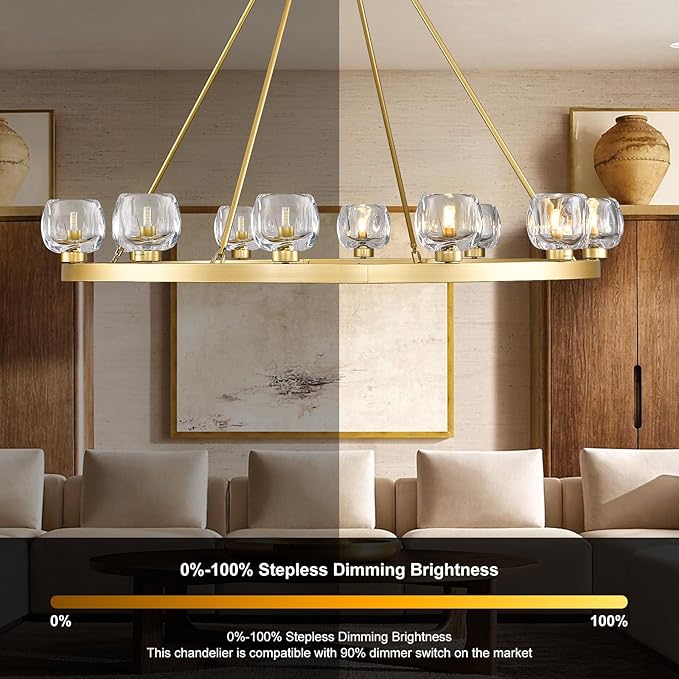Gold Wagon Wheel Chandelier, 48 Inch Brass Chandeliers with Unique Glass Shade, 12-Light Crystal Large Wagon Wheel Chandeliers for Dining Room, High Ceiling Round Chandelier for Living Room, Foyer-Ruum Studio Home