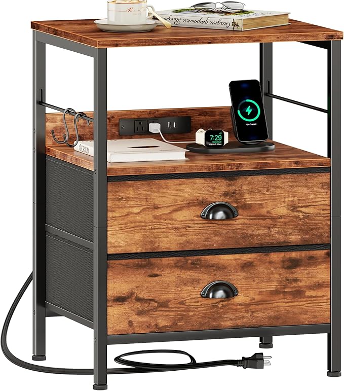 Furologee Night Stand with Charging Station, Bedside Table with Fabric Drawers, End Table with USB Ports & Outlets, Rustic Nightstand with Storage Shelf & Hooks, for Living Room/Bedroom, Rustic Brown-Ruum Studio Home