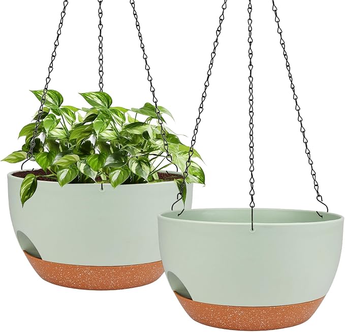 Hanging Planters for Outdoor Indoor Plants, 2 Pack 12 Inch Hanging Basket Plants Outdoor, Self Watering Hanging Planter with Plant Hanger for Garden Home Decoration (Green)-Ruum Studio Home