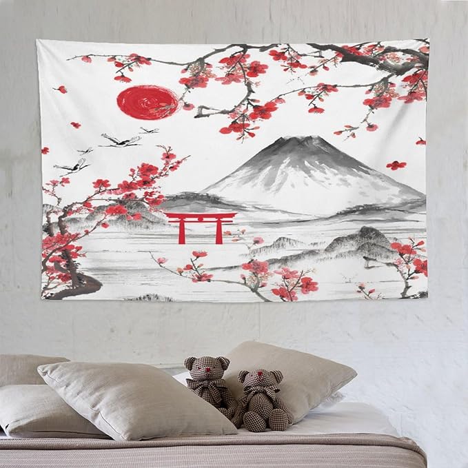 Red Cherry Blossoms Tapestry, Japanese Fuji Mountain Tapestry, Asian Japanese Wall Tapestry, Nature Landscape Tapestries for Bedroom Living Room Decor 90"x60"-Ruum Studio Home