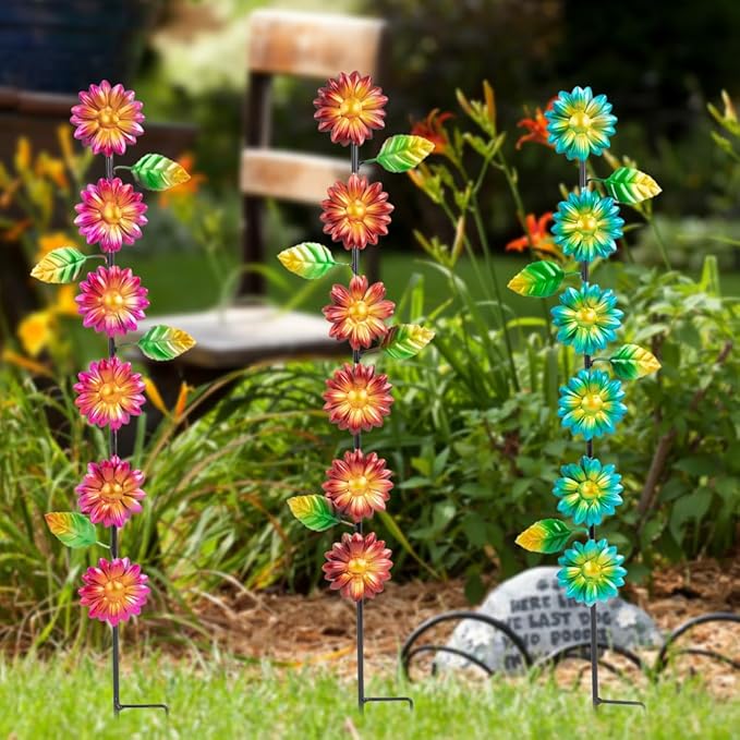 3Pack Flowers Decorative Garden Stakes,Spring Outdoor Metal Flowers Decorations,Metal Yard Art for Outside Patio Porch Decor（22.6 * 5.1IN）-Ruum Studio Home