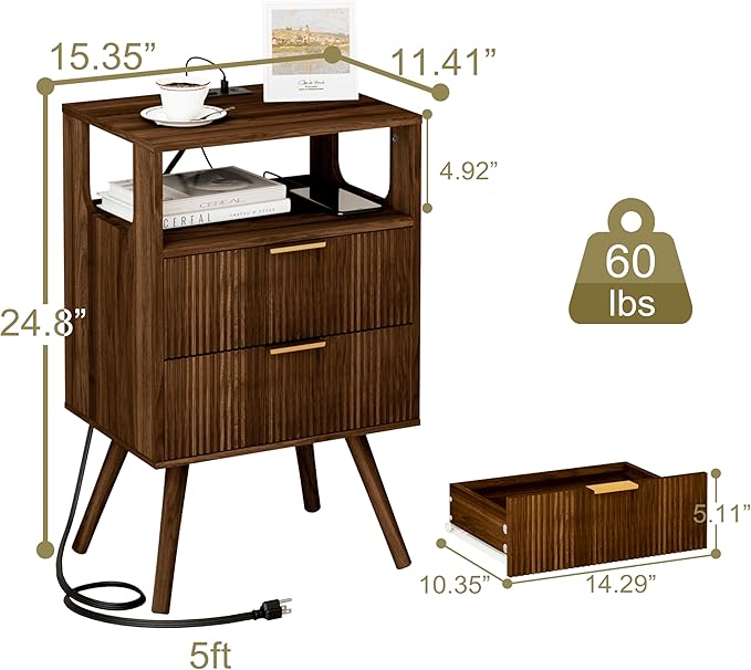 Nightstand with Charging Station and LED Lights,Modern Bedside Table with 2 Storage Drawer and Open Wood Shelf, for Bedroom and Small Spaces,Night Stand with Solid Wood Legs,Walnut Brown-Ruum Studio Home