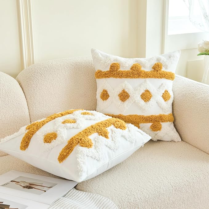 HOdo Home 18x18 Throw Pillow Covers, 2PCS Tufted Boho Jacquard Pillow Covers,Farmhouse Decorative Pillow Cover,Pillow Cases for Couch Sofa Bed Stylish Decor, Simple Textured Cushion Sham-Ruum Studio Home