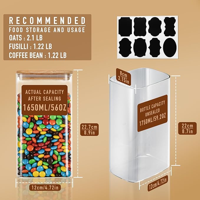 56oz Rectangle Airtight Glass Storage Containers with Bamboo Lids (Set of 3), Square Food Storage Jar, Pantry Organizers for Oats, Cereal, Pasta and Coffee beans (‎with Black Lable)-Ruum Studio Home